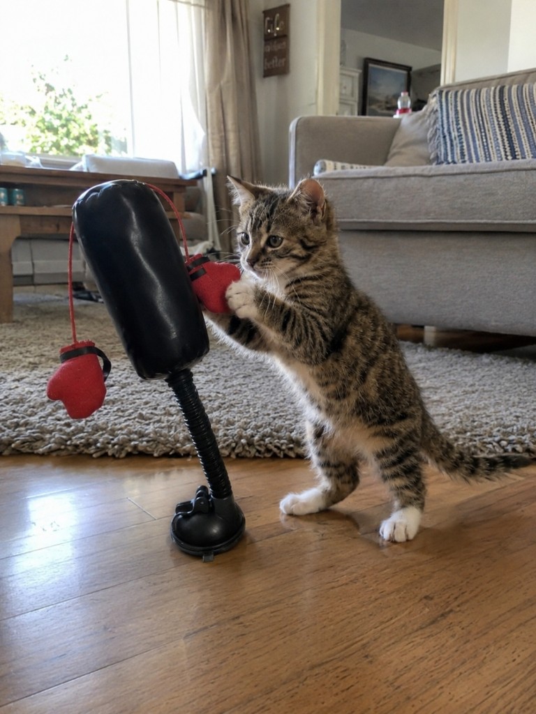Kitten boxt den Boxsack