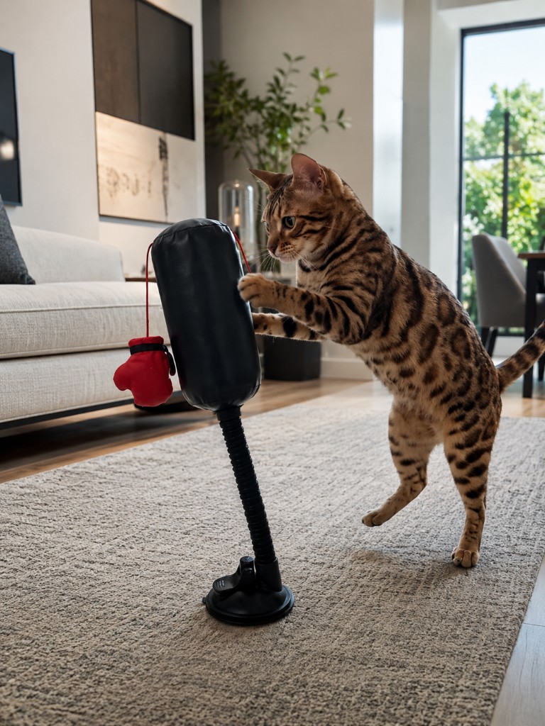 Bengalkatze spielt mit dem Boxsack